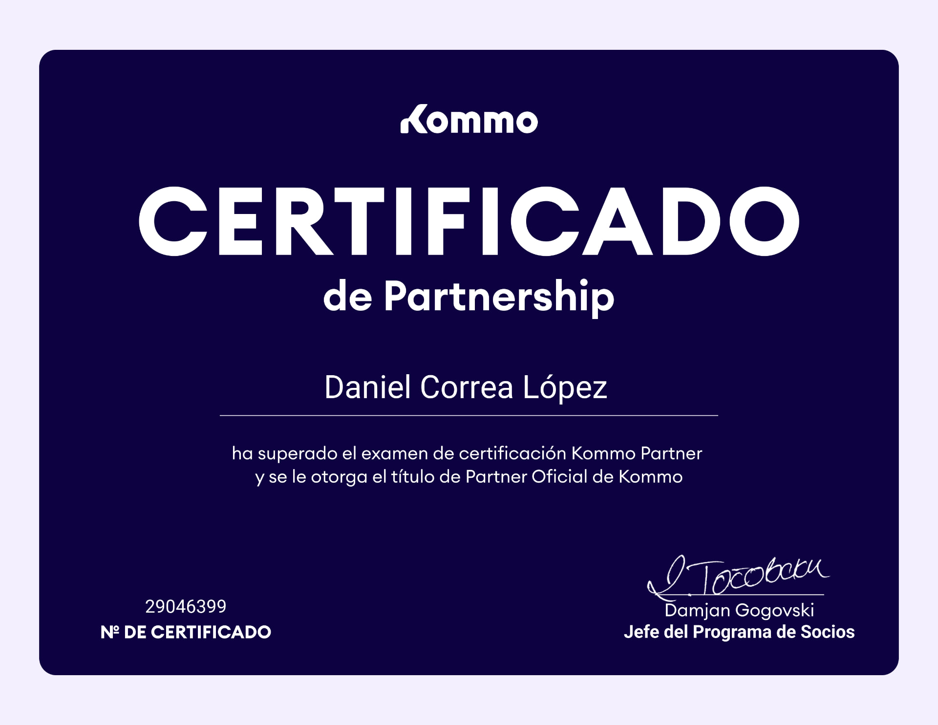 Certificado de Partnership de Kommo a nombre de Daniel Correa López